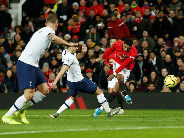 Manchester United's Marcus Rashford scores against Tottenham Hotspur in the Premier League on December 4, 2019
