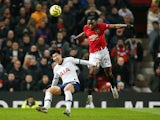 Manchester United's Aaron Wan-Bissaka in action with Tottenham Hotspur's Son Heung-min in the Premier League on December 4, 2019