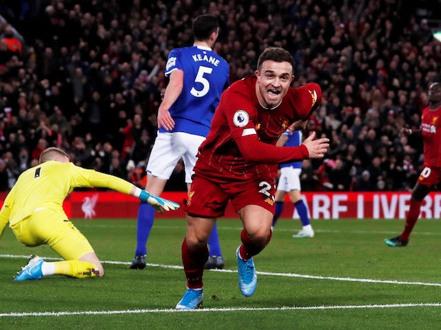 Liverpool's Xherdan Shaqiri celebrates scoring their second goal on December 4, 2019