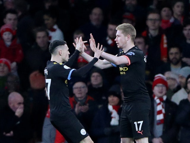 Kevin De Bruyne celebrates putting Manchester City into the lead against Arsenal in the Premier League on December 15, 2019.