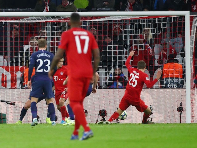 Bayern Munich's Thomas Muller scores against Tottenham Hotspur in the Champions League on December 11, 2019