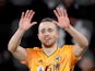 Wolverhampton Wanderers' Diogo Jota celebrates scoring their fourth goal and completing his hat-trick on December 12, 2019