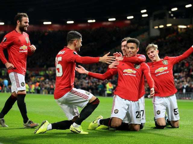 Manchester United's Mason Greenwood celebrates scoring their fourth goal on December 12, 2019