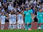 Real Sociedad's Mikel Oyarzabal celebrates scoring their first goal with teammates on December 14, 2019