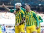 West Bromwich Albion's Charlie Austin celebrates scoring their second goal with Hal Robson-Kanu on December 14, 2019
