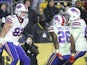 Buffalo Bills tight end Tyler Kroft (81) celebrates his touchdown with running back Devin Singletary (26) and offensive guard Quinton Spain (67) against the Pittsburgh Steelers during the fourth quarter at Heinz Field on December 16, 2019