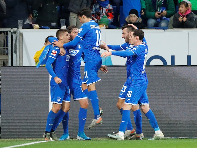 Hoffenheim's Andrej Kramaric celebrates scoring their second goal with teammates on December 20, 2019