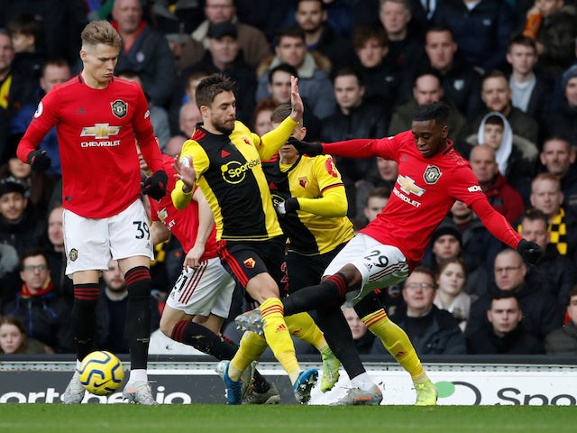 Watford's Kiko Femenia in action with Manchester United's Aaron Wan-Bissaka in the Premier League on December 22, 2019