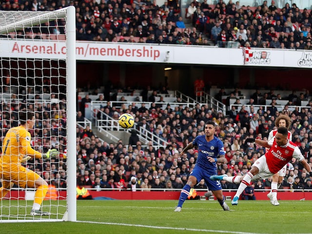 Arsenal's Pierre-Emerick Aubameyang scores their first goal on December 29, 2019
