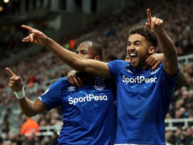  Everton's Dominic Calvert-Lewin celebrates scoring their second goal with Djibril Sidibe on December 28, 2019