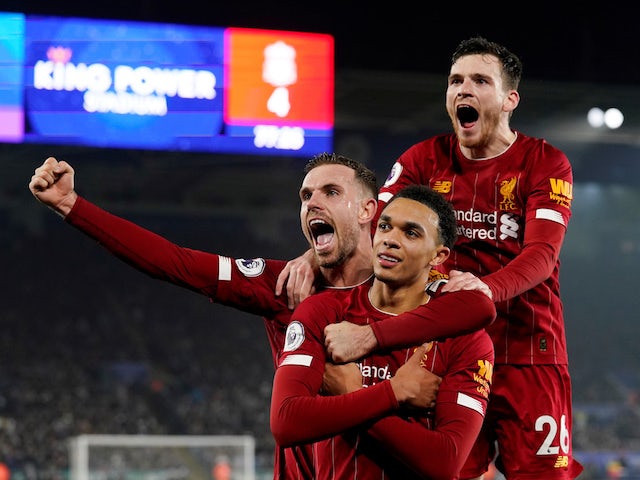 Liverpool's Trent Alexander-Arnold celebrates scoring their fourth goal on December 26, 2019