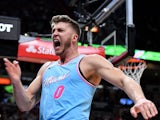 Miami Heat forward Meyers Leonard (0) reacts after blocking a shot from Philadelphia 76ers guard Furkan Korkmaz (not pictured) during the second half at American Airlines Arena on December 28, 2019