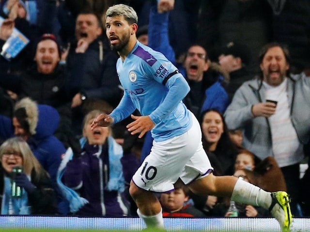 Sergio Aguero celebrates scoring for Manchester City on December 29, 2019