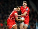 Leicester's Telusa Veainu celebrates after he scores a try on December 28, 2019