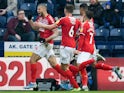 Middlesbrough Rudy Gestede celebrates scoring their first goal with teammates on January 1, 2020