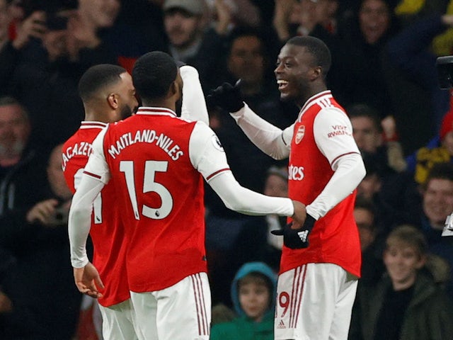 Arsenal's Nicolas Pepe celebrates scoring against Manchester United in the Premier League on January 1, 2020