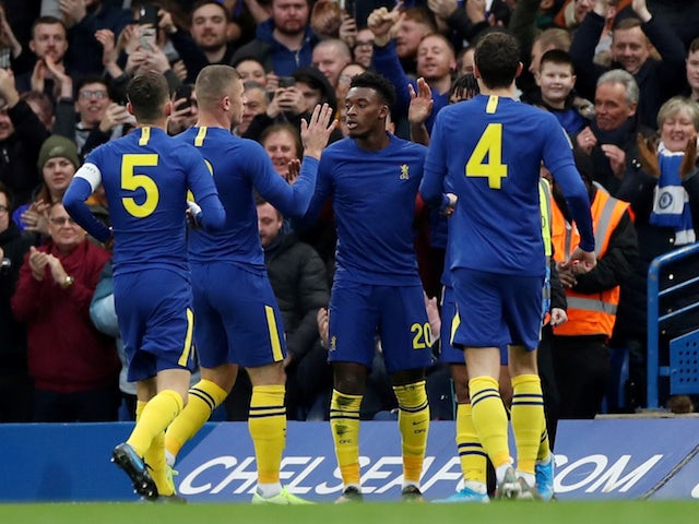 Chelsea's Callum Hudson-Odoi celebrates scoring their first goal with teammates on January 5, 2020
