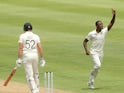 South Africa's Kagiso Rabada celebrates taking the wicket of England's Dom Sibley on January 3, 2020