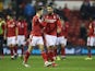 Nottingham Forest's Matty Cash and Lewis Grabban celebrate after the match on January 1, 2020