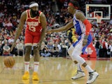 Houston Rockets guard James Harden (13) handles the ball against Philadelphia 76ers guard Josh Richardson (0) during the first quarter at Toyota Center on January 4, 2020