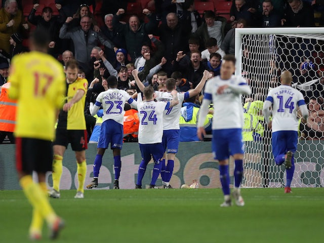 Tranmere Rovers' Paul Mullin celebrates scoring their third goal with teammates on January 4, 2020