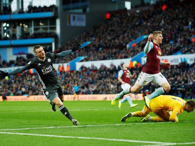 Leicester City's Jamie Vardy celebrates scoring their fourth goal in December, 2019