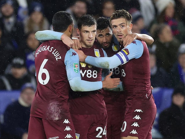 Aston Villa's Frederic Guilbert celebrates scoring their first goal with Jack Grealish, Trezeguet and Douglas Luiz on January 8, 2020
