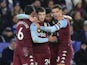 Aston Villa's Frederic Guilbert celebrates scoring their first goal with Jack Grealish, Trezeguet and Douglas Luiz on January 8, 2020