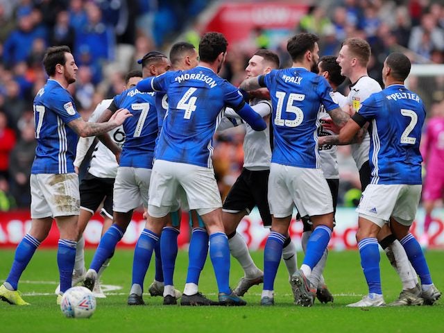 Cardiff City and Swansea City players clash during their Championship match on January 12, 2020