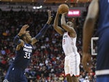 Houston Rockets guard James Harden (13) reaches 20,000 career points scored with a basket during the second quarter Minnesota Timberwolves at Toyota Center on January 12, 2020