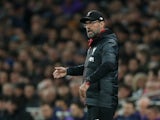 Jurgen Klopp gives instructions during the Premier League game between Tottenham Hotspur and Liverpool on January 11, 202