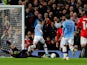 Riyad Mahrez doubles the lead during the EFL Cup game between Manchester United and Manchester City on January 7, 2020