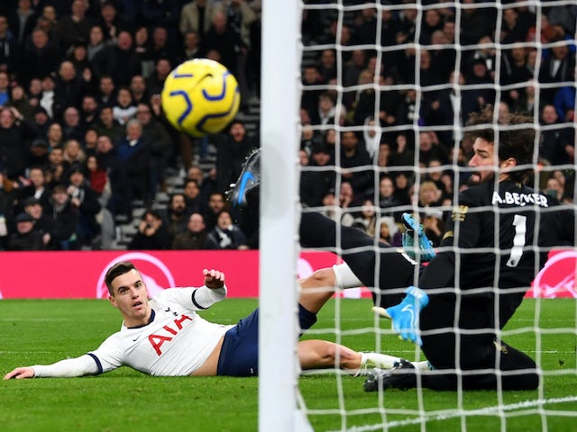 Giovani Lo Celso has a missed shot at goal during the Premier League game between Tottenham Hotspur and Liverpool on January 11, 2020