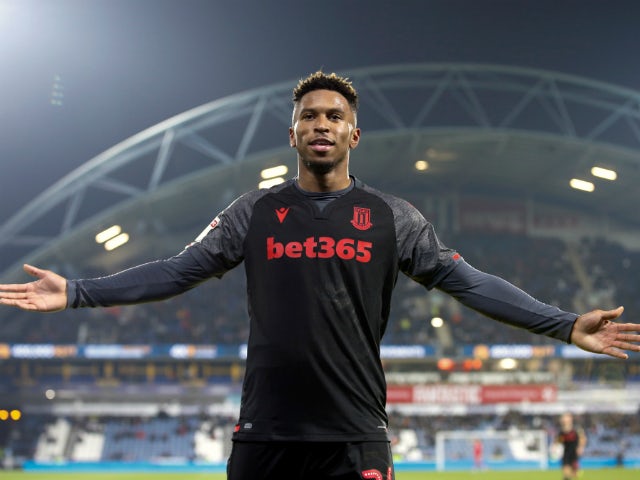 Stoke City forward Tyrese Campbell celebrates scoring against Huddersfield Town on January 1, 2020