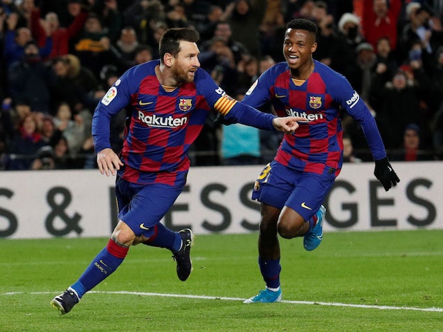 Barcelona's Lionel Messi celebrates scoring their first goal on January 19, 2020