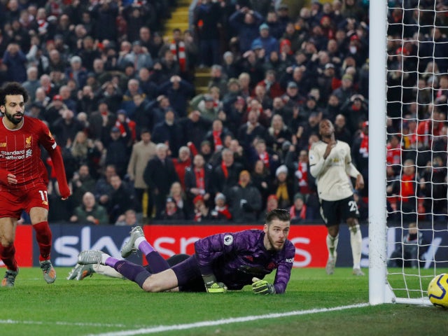 Liverpool's Mohamed Salah misses a chance against Manchester United in the Premier League on January 19, 2020.