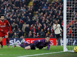 Liverpool's Mohamed Salah misses a chance against Manchester United in the Premier League on January 19, 2020.