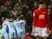 Burnley's Jay Rodriguez celebrates scoring their second goal with teammates as Manchester United's Mason Greenwood looks dejected on January 22, 2020