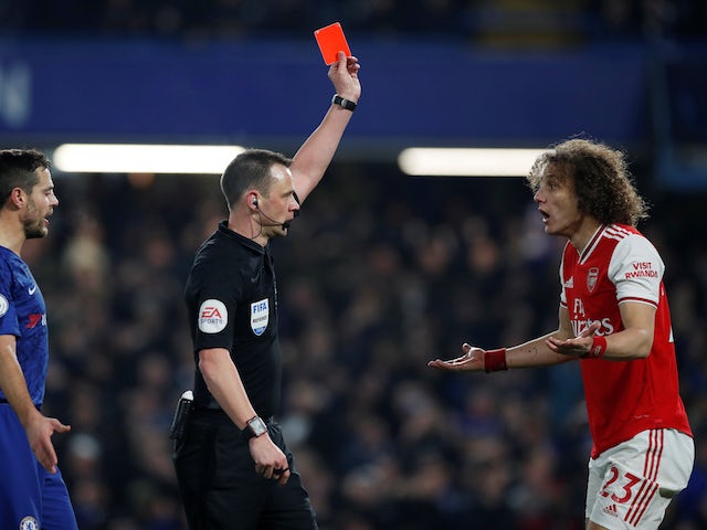 Arsenal's David Luiz is shown a red card by referee Stuart Attwell on January 21, 2020
