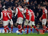 Arsenal's Gabriel Martinelli celebrates scoring their first goal with teammates on January 21, 2020