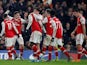 Arsenal's Gabriel Martinelli celebrates scoring their first goal with teammates on January 21, 2020