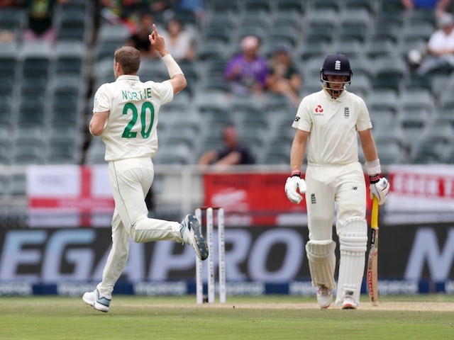 South Africa's Anrich Nortje celebrates taking the wicket of England's Joe Root on January 25, 2020