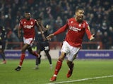 Lewis Grabban celebrates after he scores Nottingham Forest's first goal on January 22, 2020