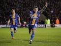 Shrewsbury Town's Jason Cummings celebrates scoring their first goal from the penalty spot on January 26, 2020