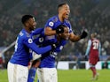 Leicester City's Ricardo Pereira celebrates scoring their second goal with Youri Tielemans and Kelechi Iheanacho on January 22, 2020