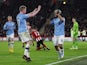 Manchester City's Sergio Aguero celebrates scoring their first goal with Kevin De Bruyne on January 21, 2020