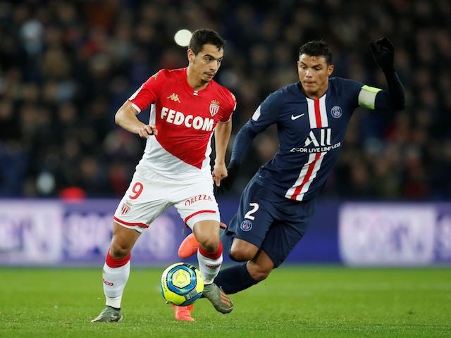 Monaco's Wissam Ben Yedder in action with Paris Saint-Germain's Thiago Silva on January 12, 2020