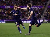 Real Madrid's Nacho celebrates scoring their first goal with Luka Modric on January 26, 2020