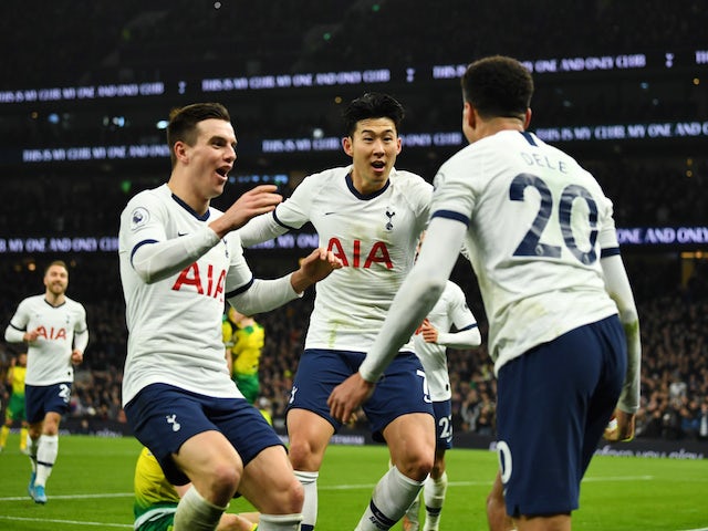 Tottenham Hotspur's Son Heung-min celebrates scoring their second goal with teammates on January 22, 2020