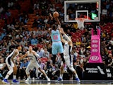 Miami Heat forward Bam Adebayo (13) shoots over Orlando Magic center Nikola Vucevic (9) during the first half at American Airlines Arena on January 28, 2020